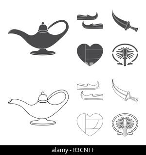 Scarpe orientale, pugnale, il cuore degli emirati,Palm Jumeirah.emirati arabi set di icone di raccolta in nero,Outline stile simbolo vettore stock illustrat Illustrazione Vettoriale
