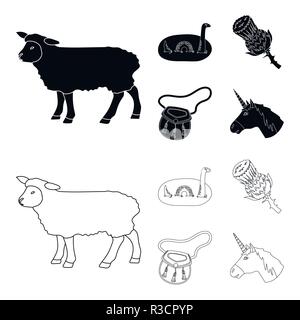 Mostro di Loch Ness, fiore di cardo, Unicorn, sporan. Scozia paese set di icone di raccolta in nero,Outline stile simbolo vettore illustrazione stock . Illustrazione Vettoriale