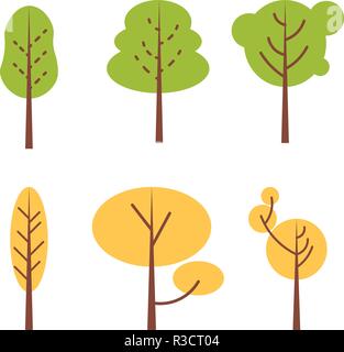 Set di astratta alberi stilizzati. Stile primitivo. In estate e in autunno verde e alberi di arancio Illustrazione Vettoriale