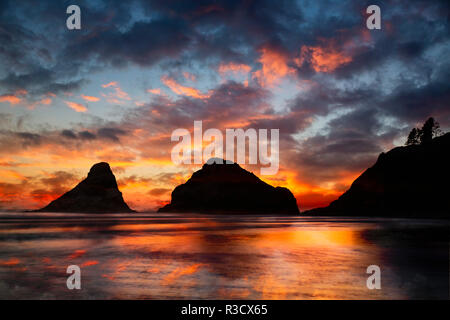 Seastack e operazioni automatiche di fine campo al tramonto, dal diavolo del gomito del parco statale, Oregon Foto Stock