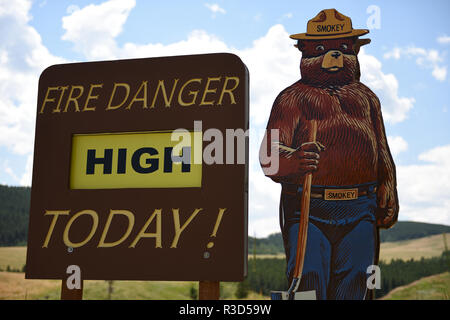 Smokey Bear road-lato segno di avvertimento che la foresta di rischio di incendio è elevato oggi nella Bighorn National Forest. Foto Stock