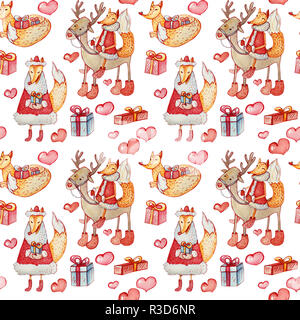 Acquerello seamless pattern con personaggi natalizi su uno sfondo bianco. Sly fox su un cervo, passeggiate e giacente fox con confezioni regalo e i cuori. Foto Stock