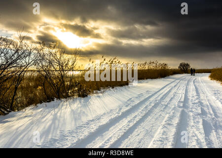 La neve sulla strada, paesaggio invernale con moody sky prima del tramonto sul lago Foto Stock