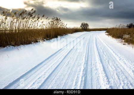 La neve sulla strada, paesaggio invernale con moody sky prima del tramonto sul lago Foto Stock