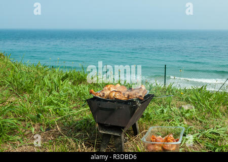 Grigliata di cosce di pollo sulla griglia fiammeggianti. Foto Stock