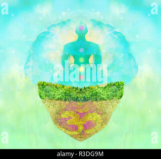 Lo yoga lotus pongono. padmasana con colorati punti chakra. Foto Stock