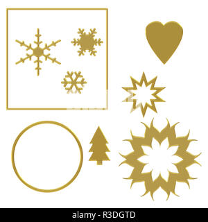 Un assortimento di elementi di festa con effetto oro, isolato su sfondo bianco con effetto cesellato bordo fantasia. Cuore, cerchio, il simbolo del fiocco di neve, stella, albero di natale etc. Foto Stock