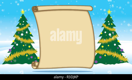 Buon Natale alberi fuori nella neve con pergamena vuota Foto Stock