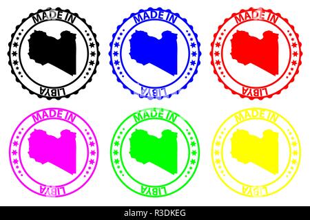 Realizzati in Libia - timbro di gomma - vettore, Libia mappa del modello - nero, blu, verde, giallo, viola e rosso Illustrazione Vettoriale