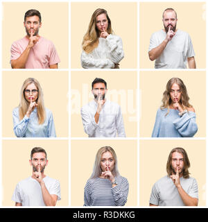 Collage di gruppo di persone, donne e uomini più colorato di giallo sfondo isolata chiedendo di essere tranquillo con il dito sulle labbra. Il silenzio e il segreto del concetto. Foto Stock