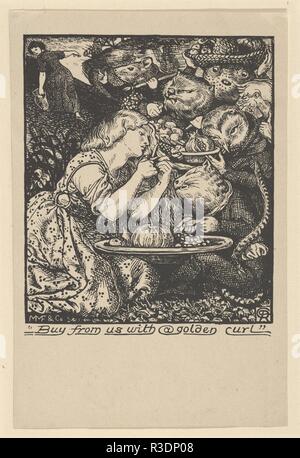 Acquistare da noi con un Golden Curl (frontespizio per "mercato Goblin ed altre poesie' da Christina Rossetti). Artista: Dopo Dante Gabriel Rossetti (British, Londra 1828-1882 Birchington-su-Mare). Autore: Christina Georgina Rossetti (British, Londra Londra 1830-1894). Dimensioni: foglio: 5 7/8 x 3 7/8 in. (15 × 9,9 cm). Incisore: Charles Faulkner (British, attivo nel 1862). Editore: Morris, Marshall, Faulkner e Co.. Data: 1862. Christina Rossetti il primo libro di versi, Goblin mercato, ha aiutato a stabilire la sua come l'Inghilterra del leader poeta femmina. Il testo riguarda le sorelle tentati dai Goblin di consumare deli Foto Stock