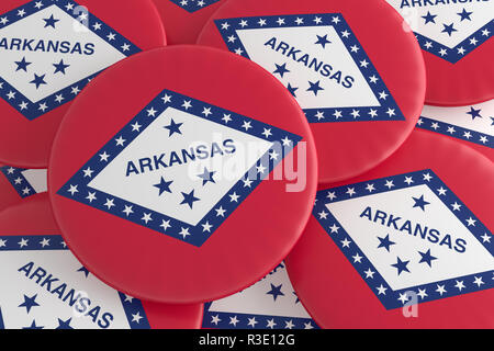 Usa i pulsanti di stato: pila di Arkansas bandiera scudetti, 3d illustrazione Foto Stock