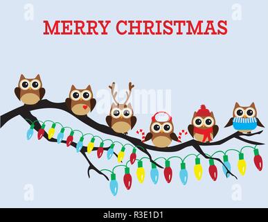 Illustrazione vettoriale di divertimento Natale gufi seduta nella struttura ad albero con le luci di Natale. Illustrazione Vettoriale
