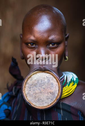 Ritratto di una tribù suri donna che indossa un labbro piastra, valle dell'Omo, Kibish, Etiopia Foto Stock