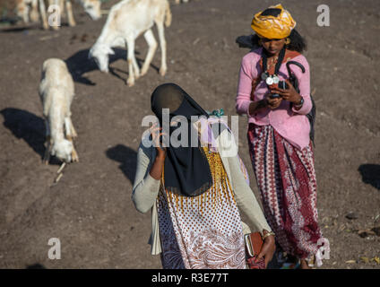 Donna Oromo sul telefono indossando un burqa nel mercato, Amhara Region, Senbete, Etiopia Foto Stock