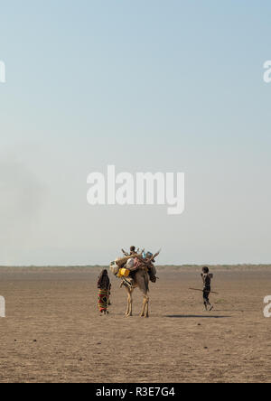 Lontano le persone che portano un cammello caravan, regione di Afar, Semera, Etiopia Foto Stock