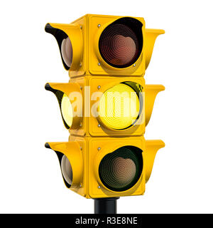 Giallo luce sul traffico con il colore giallo, 3D rendering isolati su sfondo bianco Foto Stock