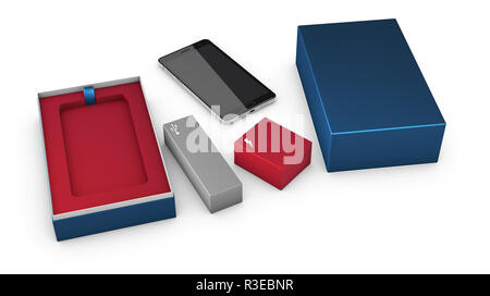 Confezione aperta pacchetto con telefono cellulare isolato su sfondo bianco, 3d illustrazione Foto Stock