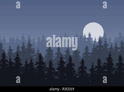 Illustrazione realistica di un inverno di conifere di abete o di bosco di abeti sotto un grigio cielo notturno con luna - vettore Illustrazione Vettoriale