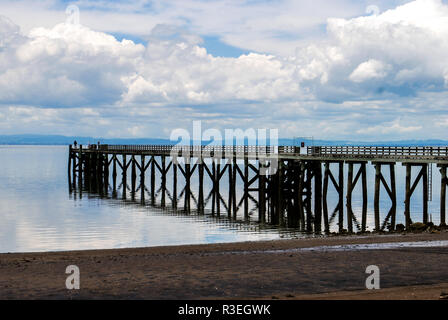 Il Cornwallis Wharf, West Auckland, Nuova Zelanda con bassa marea nel mezzo della giornata Foto Stock