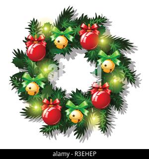 Schizzo di natale con corona di Abete rami decorato con Red Baubles e palle di vetro, Garland, Golden Jingle Bells, Red Ribbon Bow. Campione di poster, invito e altra carta. Illustrazione Vettoriale. Illustrazione Vettoriale