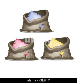 Un set di holey sacchi di tela con buste colorate isolato su uno sfondo bianco. Schizzo di Christmas Festive poster, invito alla festa, altri holiday card. Vector cartoon close-up illustrazione. Illustrazione Vettoriale