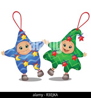 Serie di divertenti costumi di Natale Per ragazze e ragazzi kindergarten isolato su uno sfondo bianco. Schizzo di Christmas Festive poster, invito alla festa, altri holiday card. Vector cartoon di close-up. Illustrazione Vettoriale