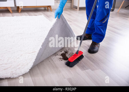 Lowsection vista di un bidello di pulizia sporco sotto il tappeto con Mop Foto Stock