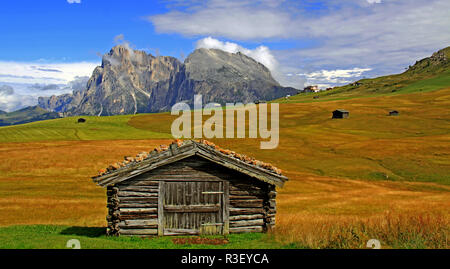 Cottage sull'Alpe di Siusi con Sassolungo e Sassopiatto Foto Stock