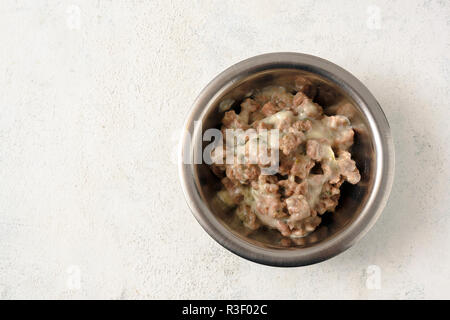 Alimenti per animali con salsa per animali domestici come cani o gatti in un metallo ciotola su uno sfondo luminoso con copia spazio, elevato angolo vista da sopra Foto Stock