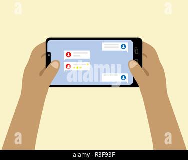 Mani di uno smartphone. Corrispondenza in reti sociali. Illustrazione Vettoriale. Illustrazione Vettoriale