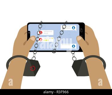 Mani in manette sono in possesso di un smartphone. La dipendenza delle reti sociali. Illustrazione Vettoriale. Illustrazione Vettoriale