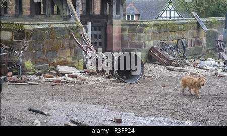 Grande Budworth, UK. 11 Aprile, 2018. Direttore Craig Viveiros e cane trainer preparazione per girare una scena con il cane sul set del nuovo dramma della BBC Foto Stock