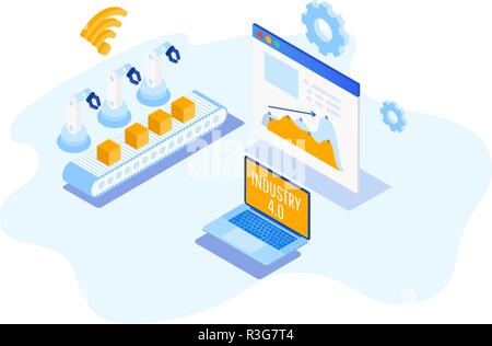 Isometrica di automazione di fabbrica, industria 4.0, Internet delle cose, illustrazione vettoriale per dispositivi collegati utilizzando simboli diversi Illustrazione Vettoriale