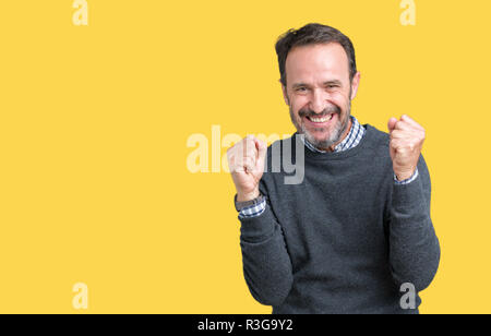 Bella la mezza età senior uomo che indossa un maglione su sfondo isolato celebrando sorpreso e meravigliato per il successo con le braccia sollevate e aprire gli occhi. Foto Stock