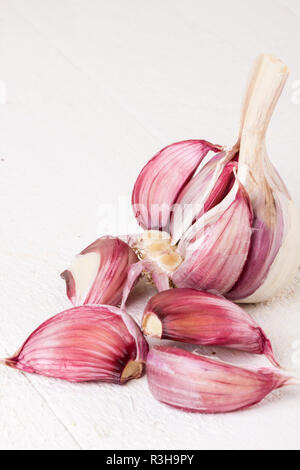 Aglio tubero con chiodi di garofano fresco intero e come dettagliato Foto Stock