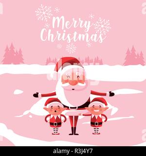 Babbo Natale Natale con aiutanti in snowscape illustrazione vettoriale design Illustrazione Vettoriale