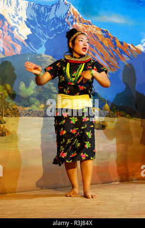 Tibetano tradizionale danza eseguita da un gruppo folcloristico, Kathmandu, Nepal Foto Stock