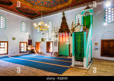 Re della moschea, Xhamia Mbret, sala da preghiera, scolpito in legno sul soffitto, Berat, Albania Foto Stock