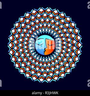 L'immagine vettoriale del sole e della luna nell'ornamento. L'antico simbolo del sole con una faccia Illustrazione Vettoriale