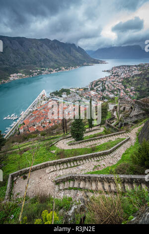 Sassoso sentiero e la scalinata che conduce alla fortezza di Cattaro sopra la città di Cattaro, Montenegro Foto Stock