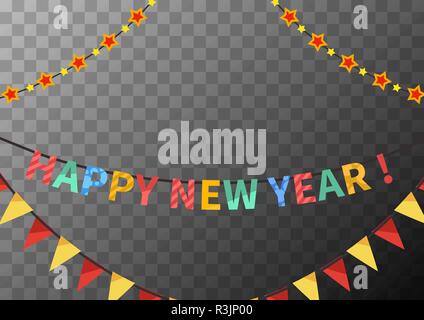 Felice anno nuovo ghirlande con bandiere e stelle, congratulazioni modello su sfondo trasparente Illustrazione Vettoriale