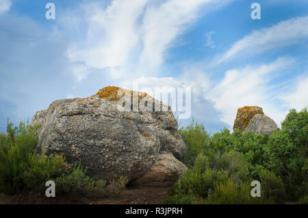 Paleolitico con pietre blu sullo sfondo del cielo e il verde della vegetazione a piedi Foto Stock