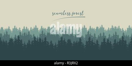 Realistico illustrazione perfetta di sagome di verde di conifere di abete o di bosco di abeti, sotto il cielo d'inverno - vettore Illustrazione Vettoriale