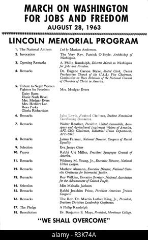 Marzo su Washington 28 agosto 1963. Programma di eventi presso il Lincoln Memorial. Foto Stock