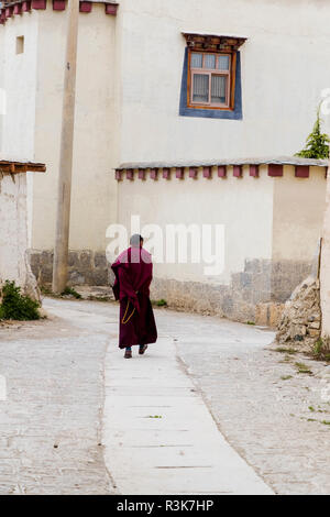 La Cina, nella provincia dello Yunnan, Northwestern Yunnan, Shangri-La, monastero Songzanlin. Monaco camminando all'interno del monastero. Foto Stock