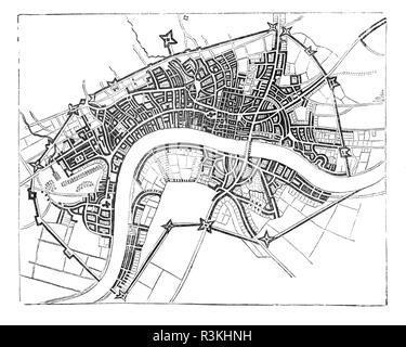 Una mappa della metà del XVII secolo Londra che mostra le mura che circondavano la allora piccola città, Inghilterra. Foto Stock