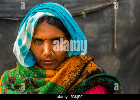 India Rajasthan. Nagaur, senza acqua né vita expedition, Nagaur fiera del bestiame, ritratto di donna in sari Foto Stock