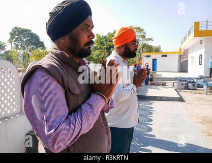 Mohali, Punjab (India). 23 Nov, 2018. La religione sikh devoti sono visti pregare Gurdwara esterno o un tempio sikh in occasione del 550 anniversario della nascita del Guru Nanak Dev in Mohali.Sikhismo fu fondata nel XV secolo dal Guru Nanak, chi si staccò dall induismo, India la religione dominante e ha predicato la parità di gare e di generi e la reiezione di immagine-culto e il sistema delle caste. Credito: Saqib Majeed SOPA/images/ZUMA filo/Alamy Live News Foto Stock