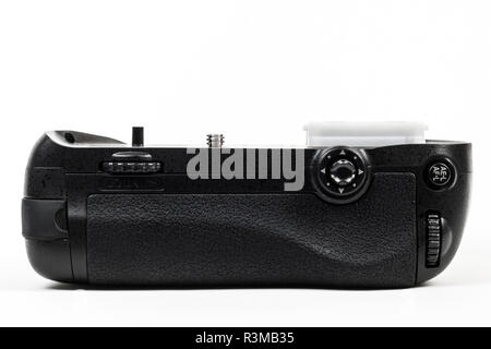 Fotocamera DSLR battery grip colore nero isolato in bianco. Vista posteriore. Foto Stock
